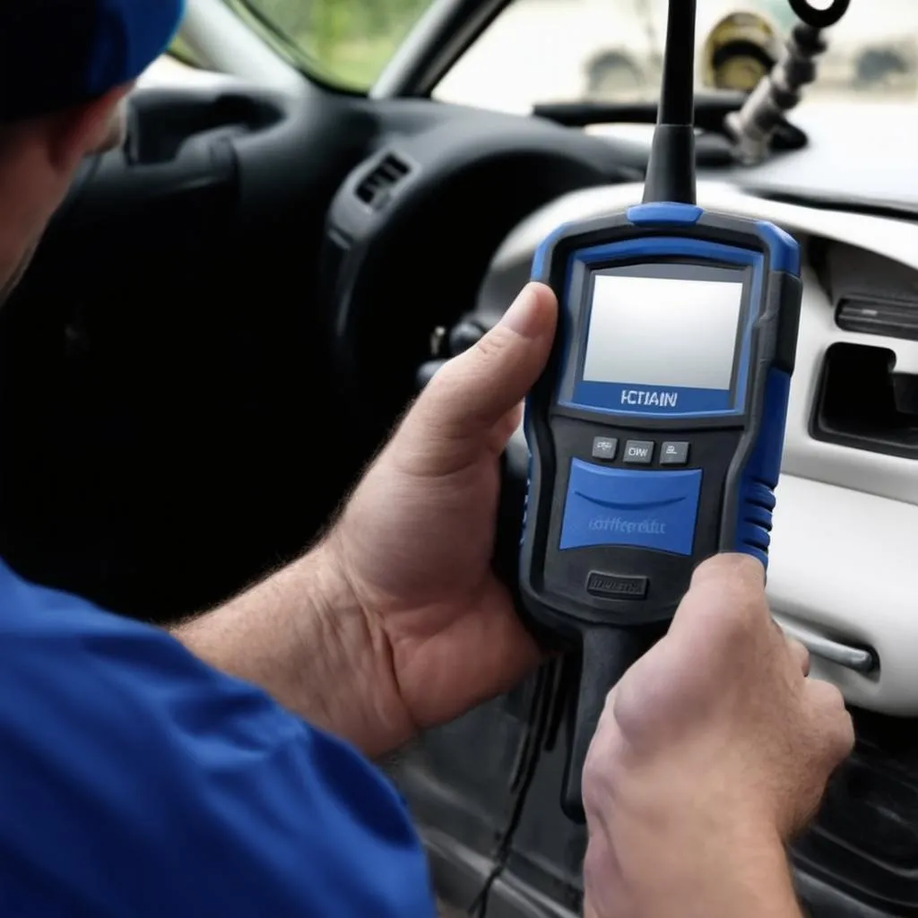 Mechanic connecting an OBD scanner to a car's OBD port